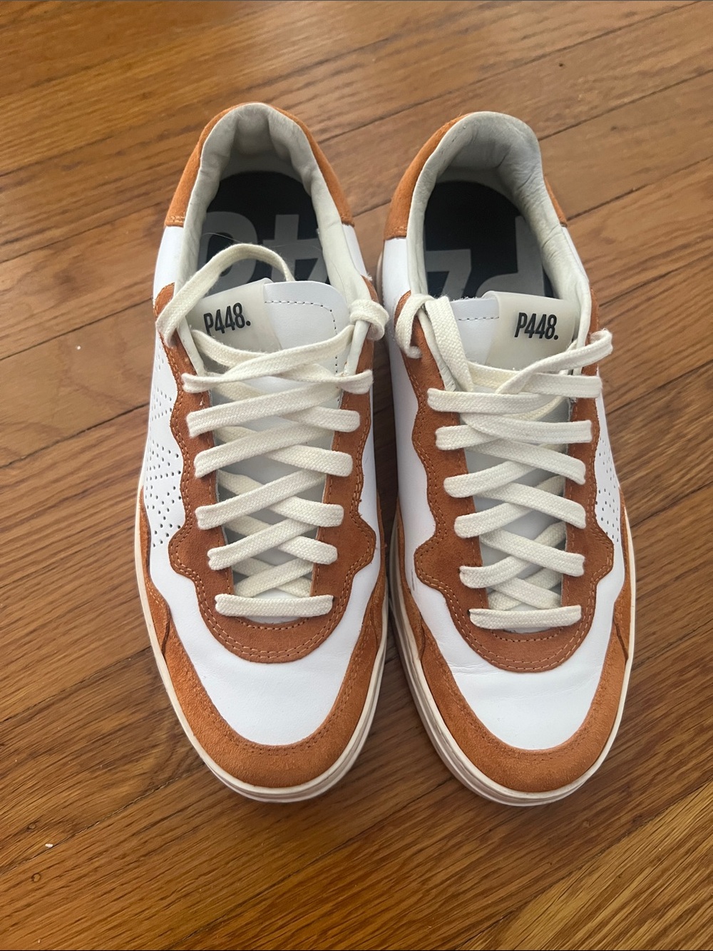 P448 Men's White and Rust Orange Suede Low-Top Sneakers